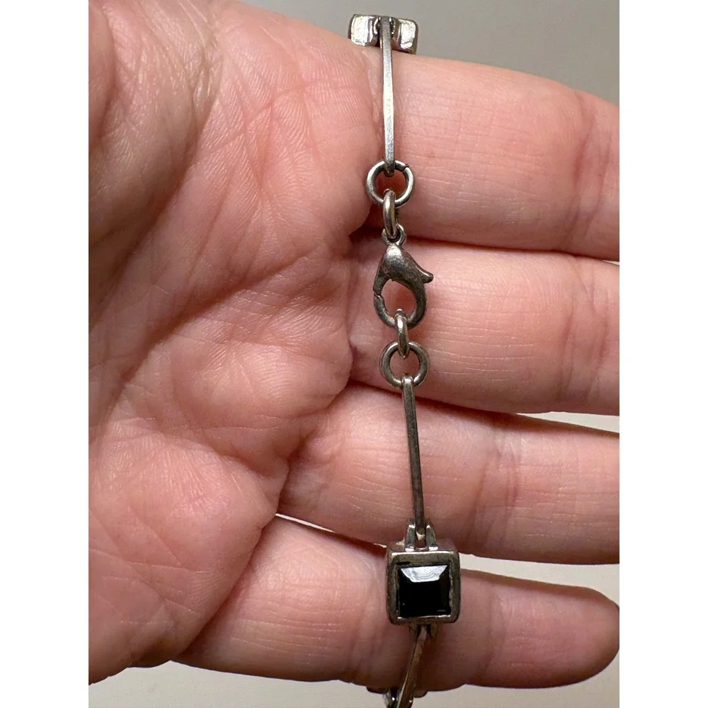 Vintage Silver Tone Black Square Stone Bar Link Bracelet Lobster Clasp 7.5in